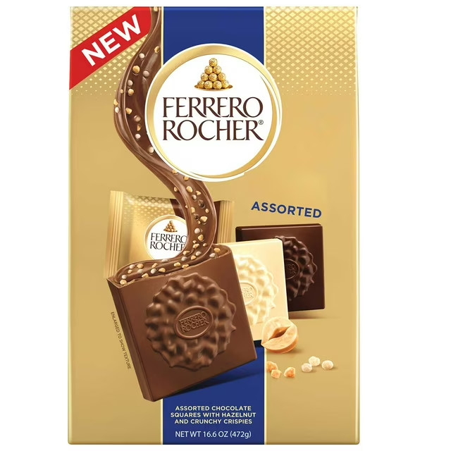 Ferrero Rocher Assorted Chocolate Squares with Hazelnut and Crunchy Crispies, 16