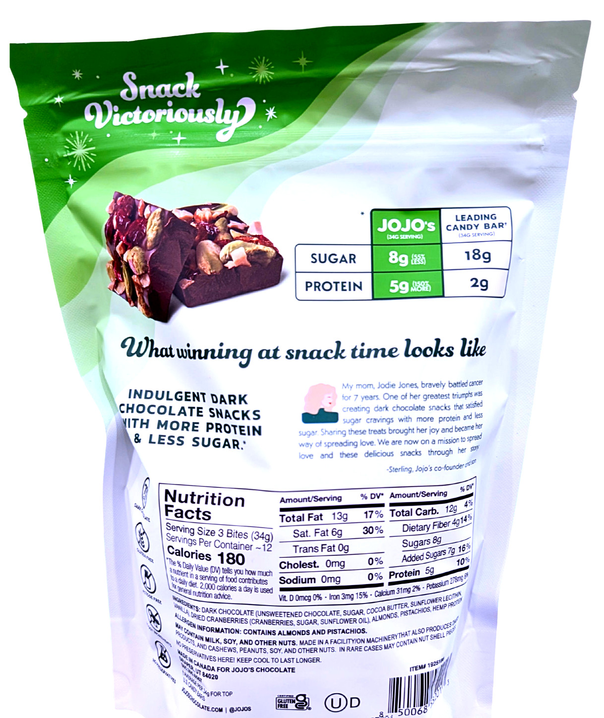 Jojo’s Dark Chocolate Pistachio Almond Cranberry Bites 14.4 Oz Bag EXP 10/2026