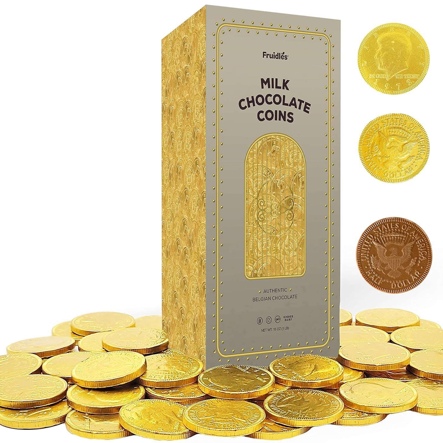 Fruidles Milk Chocolate Coins – Wrapped in Gold – Nut Free – Vault Design 1