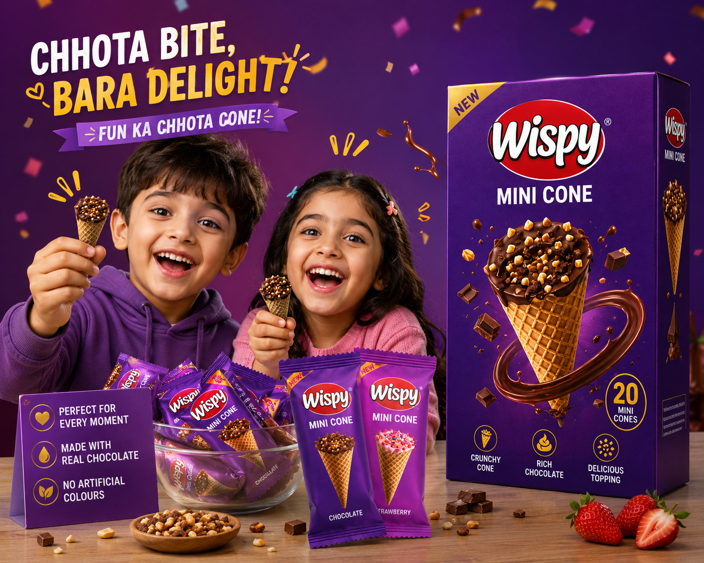 Pack of 6 Hilal Wispy Mini Cones Chocolate Crispy Wafer Snack 20 Pieces Box