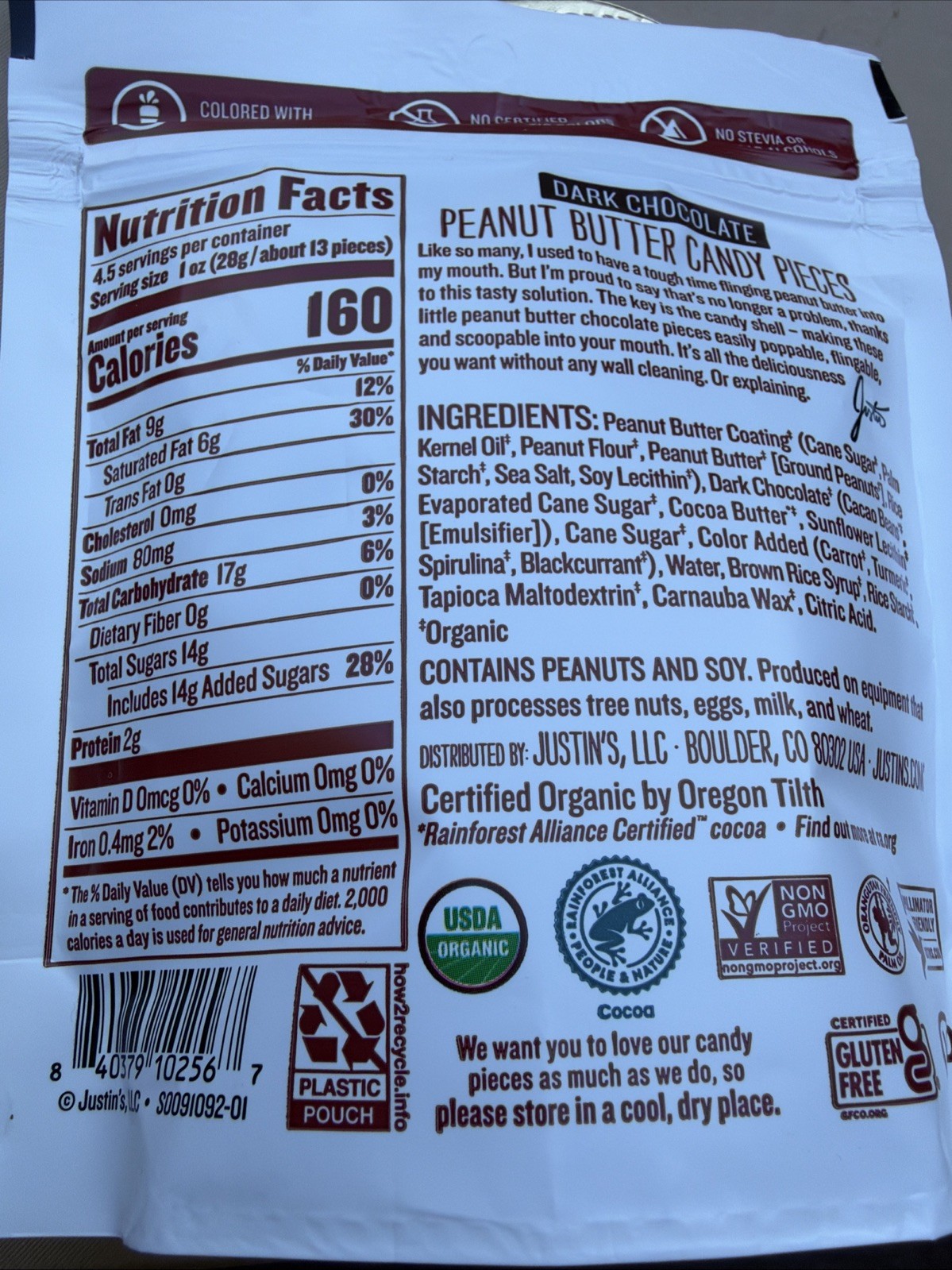 Justin’s Dark Chocolate Peanut Butter Candy Pieces 4.5 Oz (128g) Exp:2/26/27