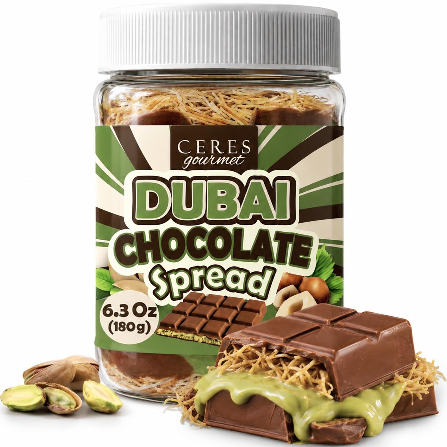 Dubai Chocolate Spread 6.35 oz Pistachio Kataifi Gourmet Dessert Spread Jar