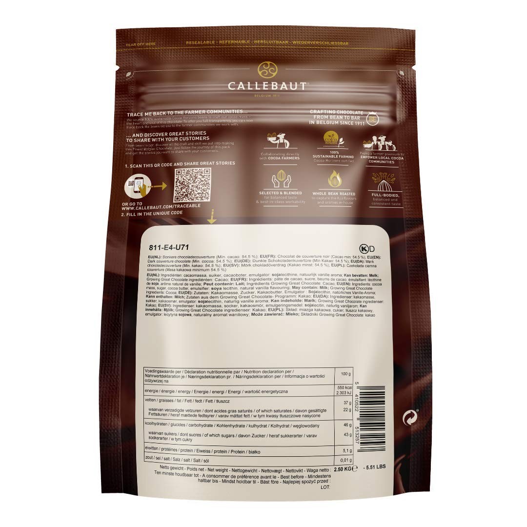 Belgian Dark Chocolate Callets 54.5% Cocoa, 5.5 Lbs, Semisweet Baking Chips