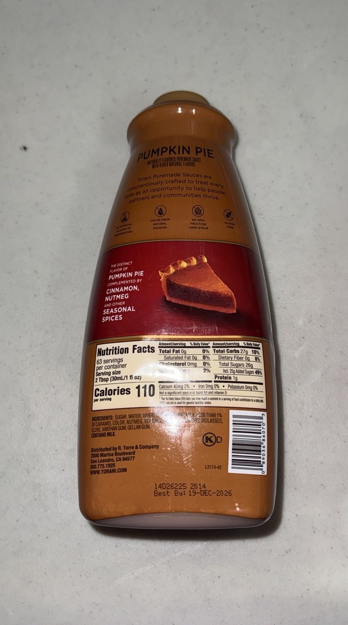 Torani Pumpkin Pie Sauce 64 Fl Oz – Perfect for Desserts & Drinks