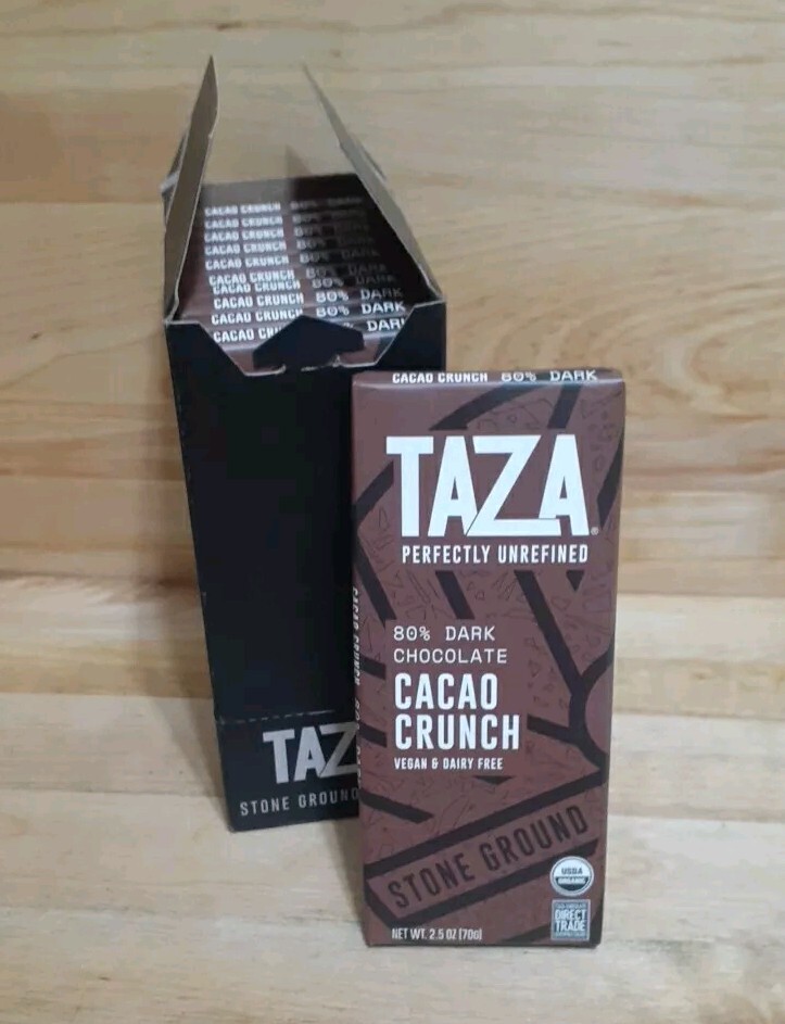 2: TAZA Dark Chocolate CACAO CRUNCH Organic UNREFINED 80% Stone Ground vegn 2.5z