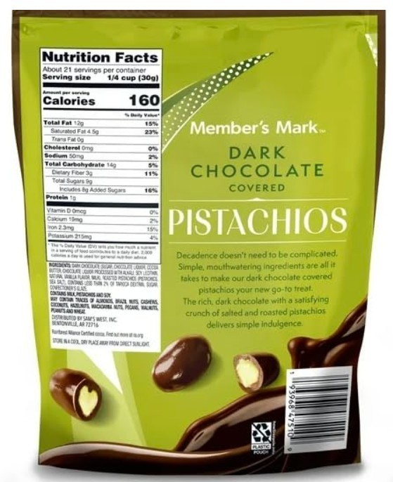 2 PACK Members Mark Dark Chocolate Covered Roasted Pistachios 22oz Free Shipping