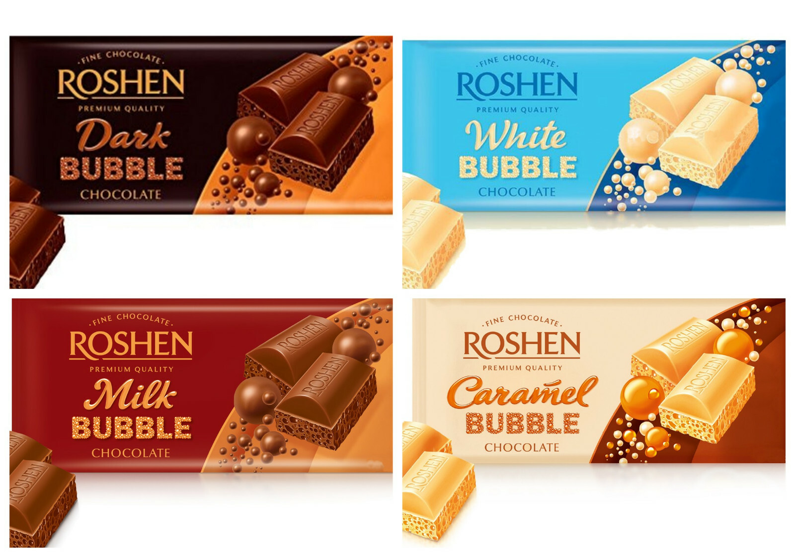 Sweets ROSHEN Dark, Milk, White, Caramel Bubble Aerated Chocolate Bars 80g/2.8oz