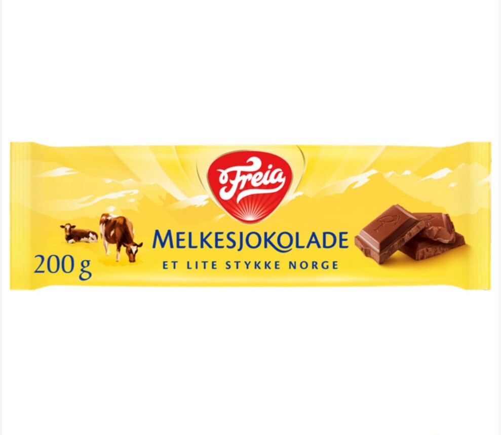 Melkesjokolade: Norwegian Milk Chocolate bar from Freia 200 grs. Made since 1920
