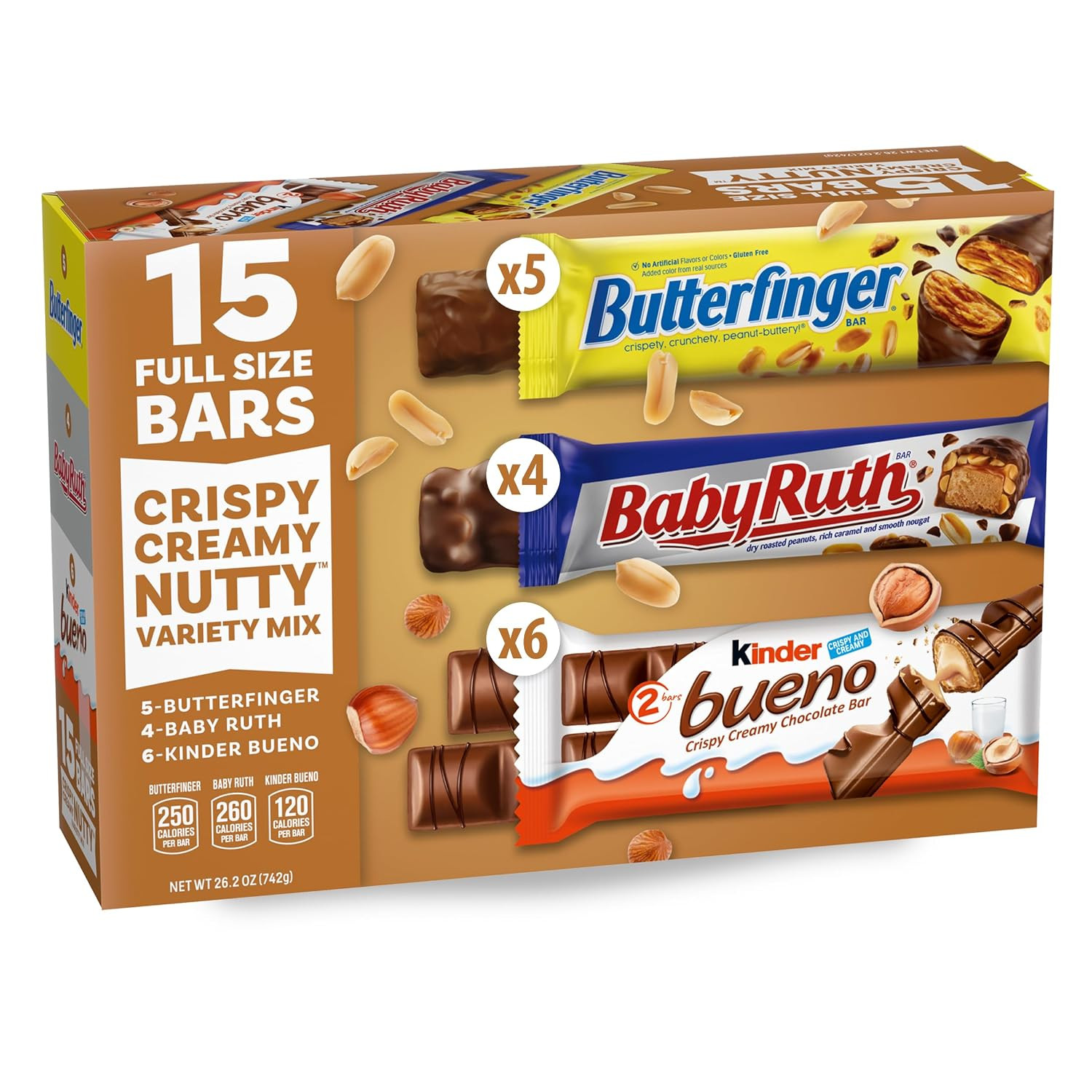 , Baby Ruth, Kinder Bueno, Assorted Crispy Creamy Nutty, Variety Mix, 15 Count,