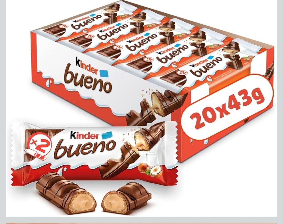 Kinder Bueno Milk Chocolate Bars with Chocolate Filling, 20 Packs of 2, Bulk…