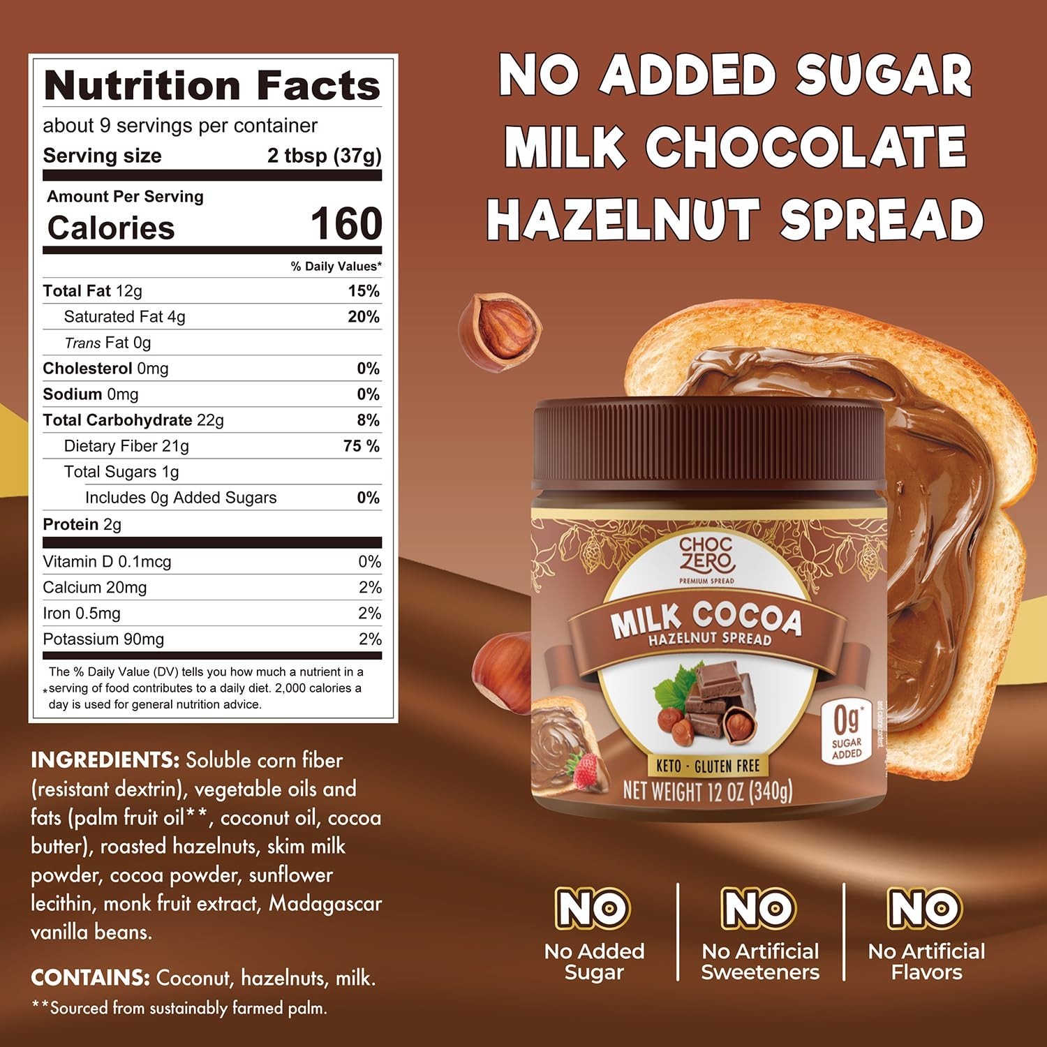 Keto Sugar Free Milk Chocolate Hazelnut Spread – 12 oz Jar for Guilt-Free Ind…