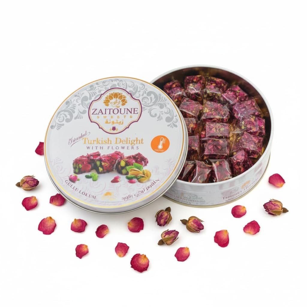 Zaitoune Rose Covered Turkish Delight 9 oz | Stuffed with Pistachios & Cashe…