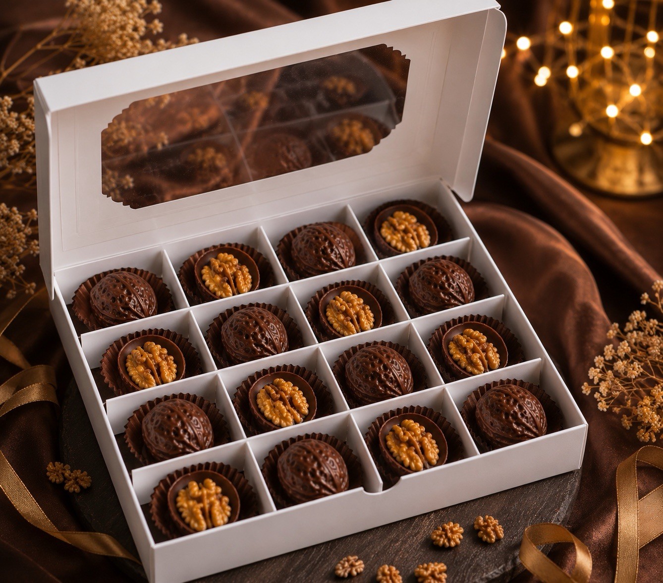 Milk Chocolate Walnut Assortment Chocolate Covered Nuts Gift Box w/ Ribbon