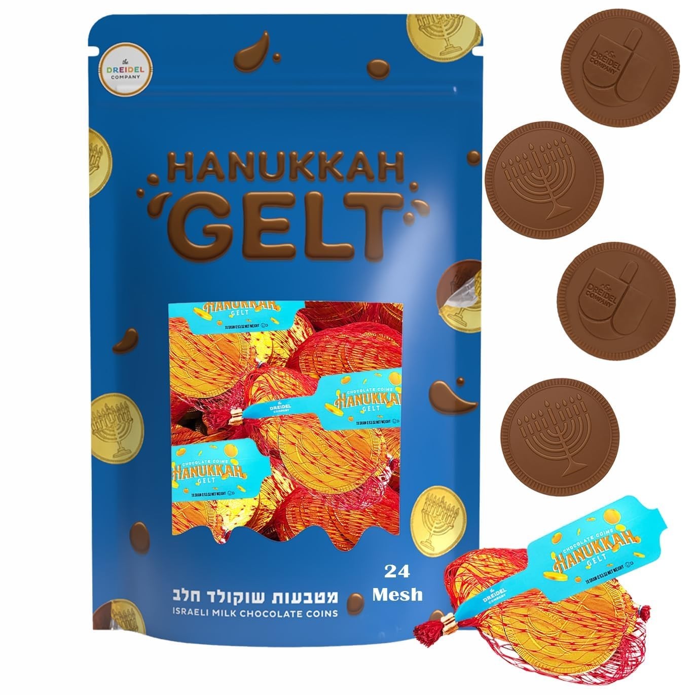 Delightful Hanukkah Chocolate Gelt – 24 Mesh Bags of Milk Chocolate Coins