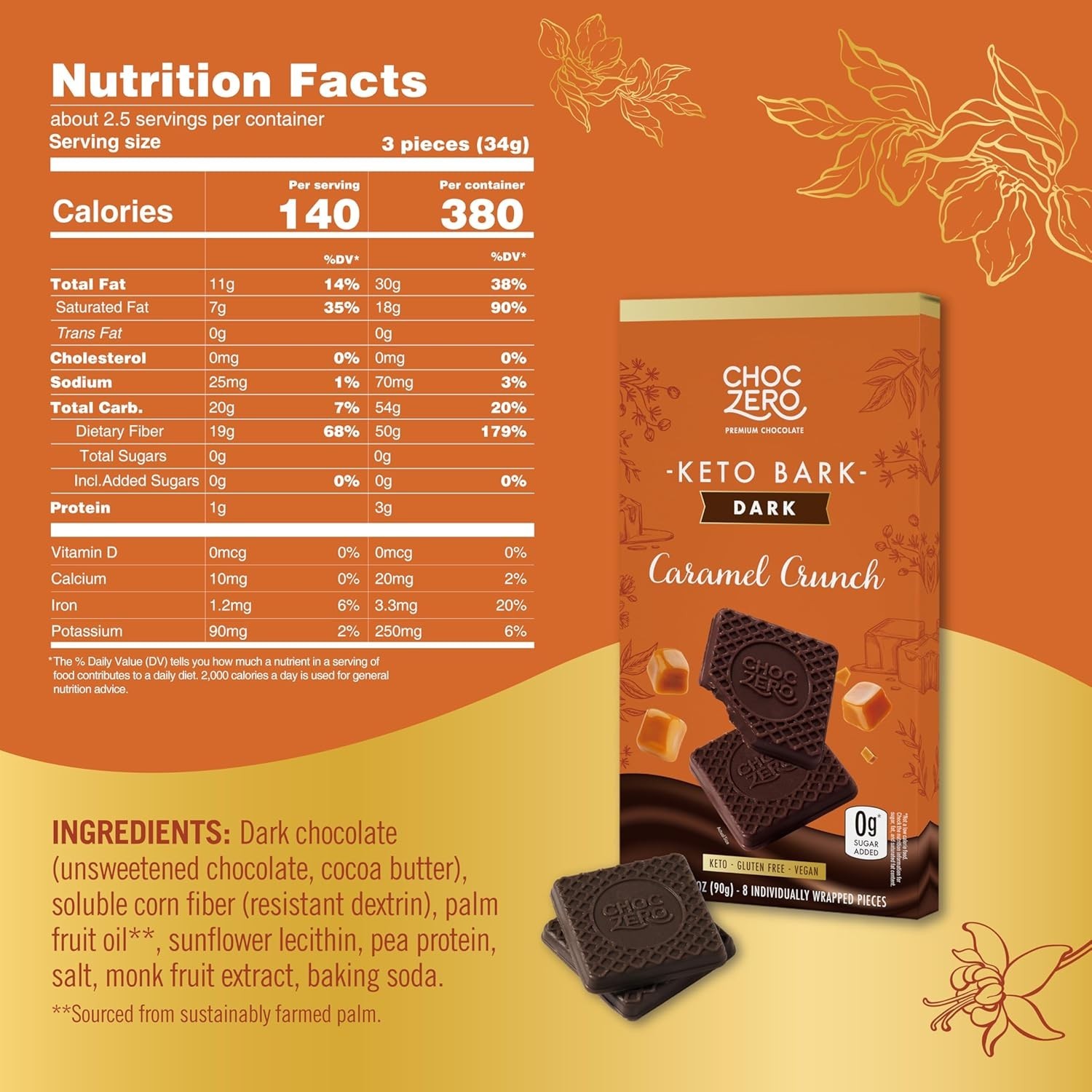 ChocZero Dark Chocolate Caramel Crunch Bark, Sugar Free, Vegan, Low Carb, Hig…