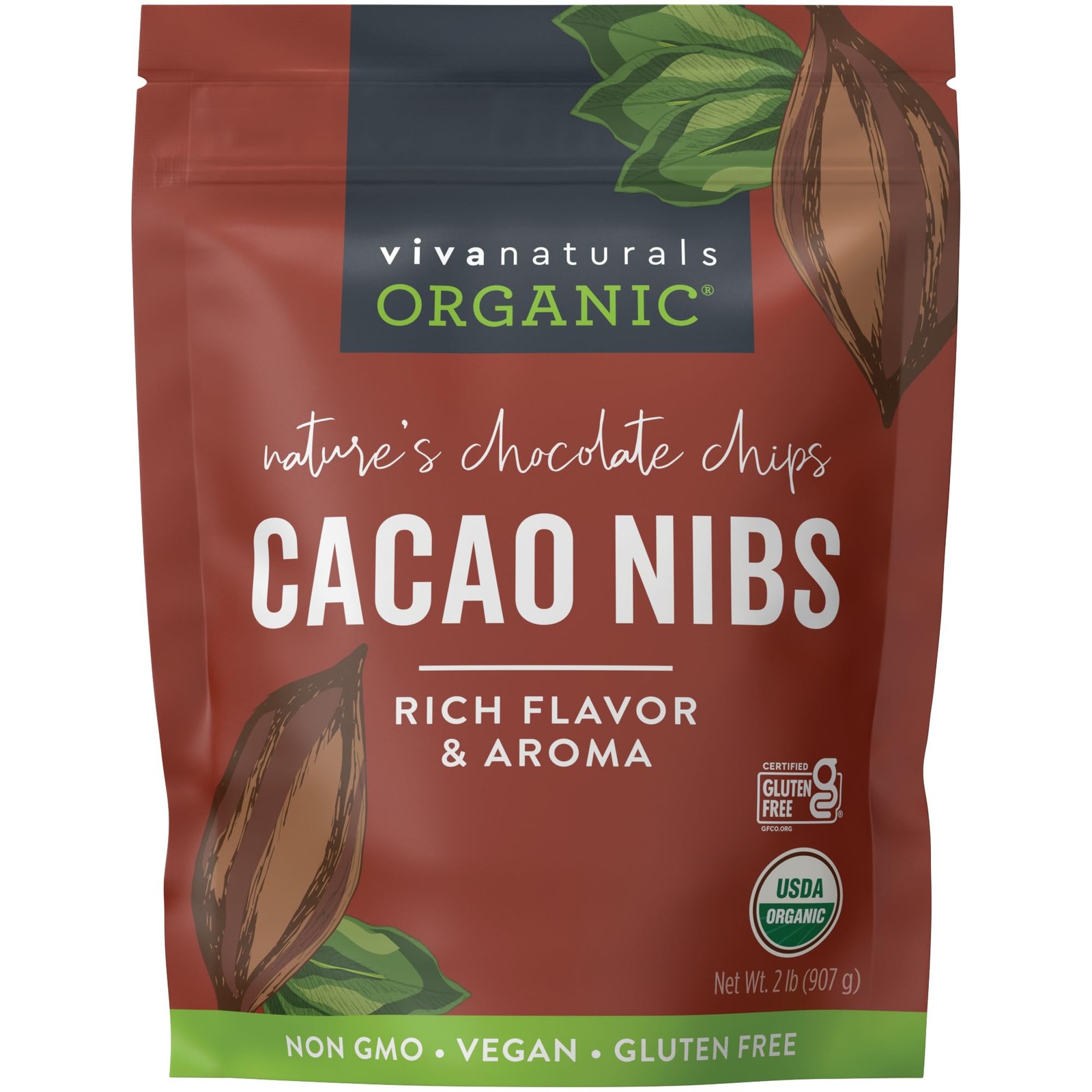 Organic Cacao Nibs, 2 lb Bag (907g) – Keto Friendly and Vegan Unsweetened Chocol