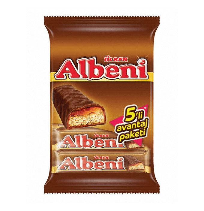 Ulker Albeni 5 Pack : Milk Chocolate Coated Bar with Caramel and Biscuit 200g.