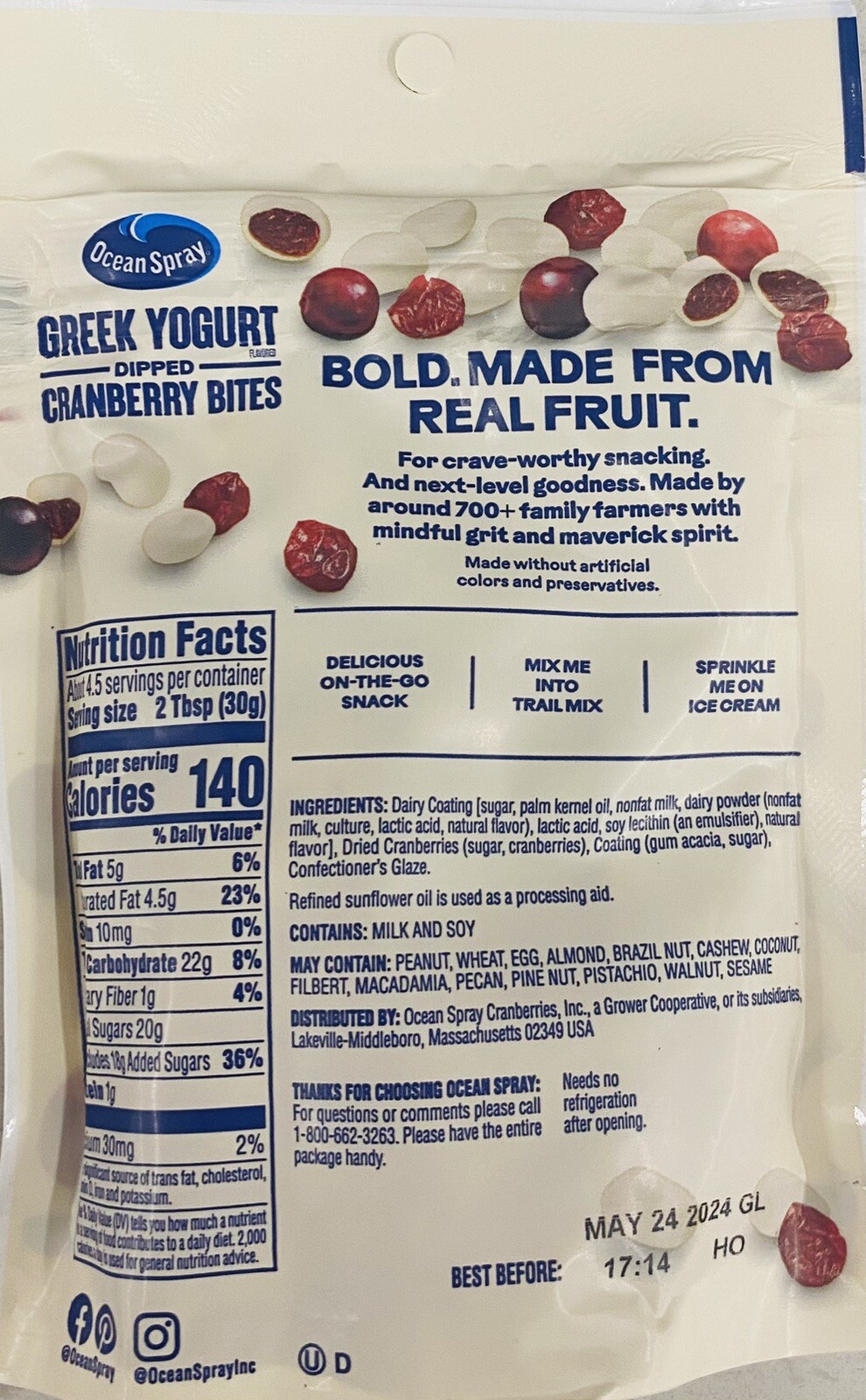Ocean Spray GREEK YOGURT Flavored DIPPED CRANBERRY BITES 5 oz bag