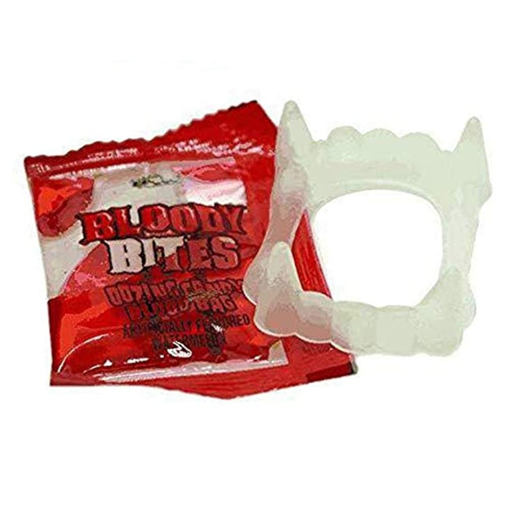 BLOODY BITES Watermelon Candy Glow in the Dark Fangs 2.4oz/7ct per Bag 2 BAGS