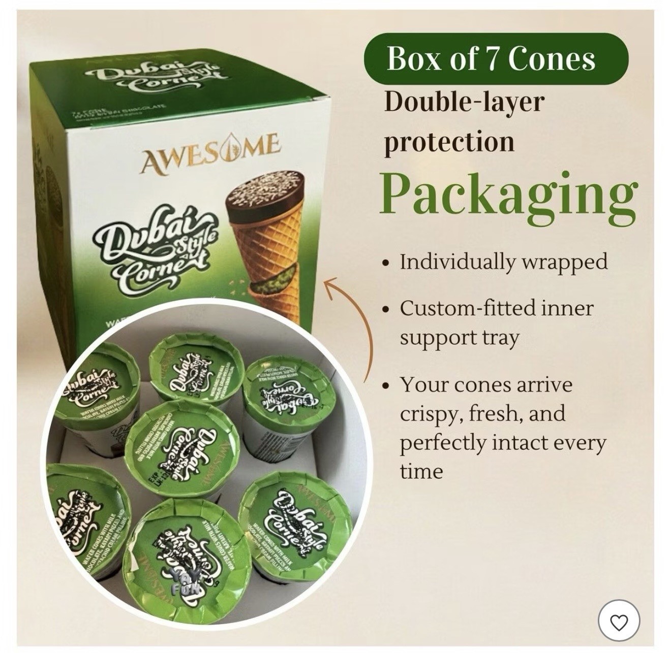 Dubai Chocolate Pistachio Premium cones ( Box Of 7)
