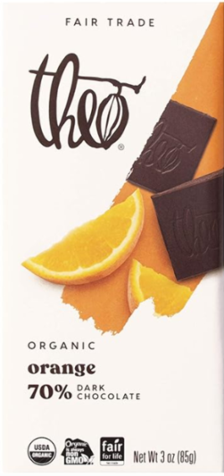 8/26 12 Bars Theo Chocolate Orange Organic Dark Chocolate Bar, 70% Cacao, 12 Pac