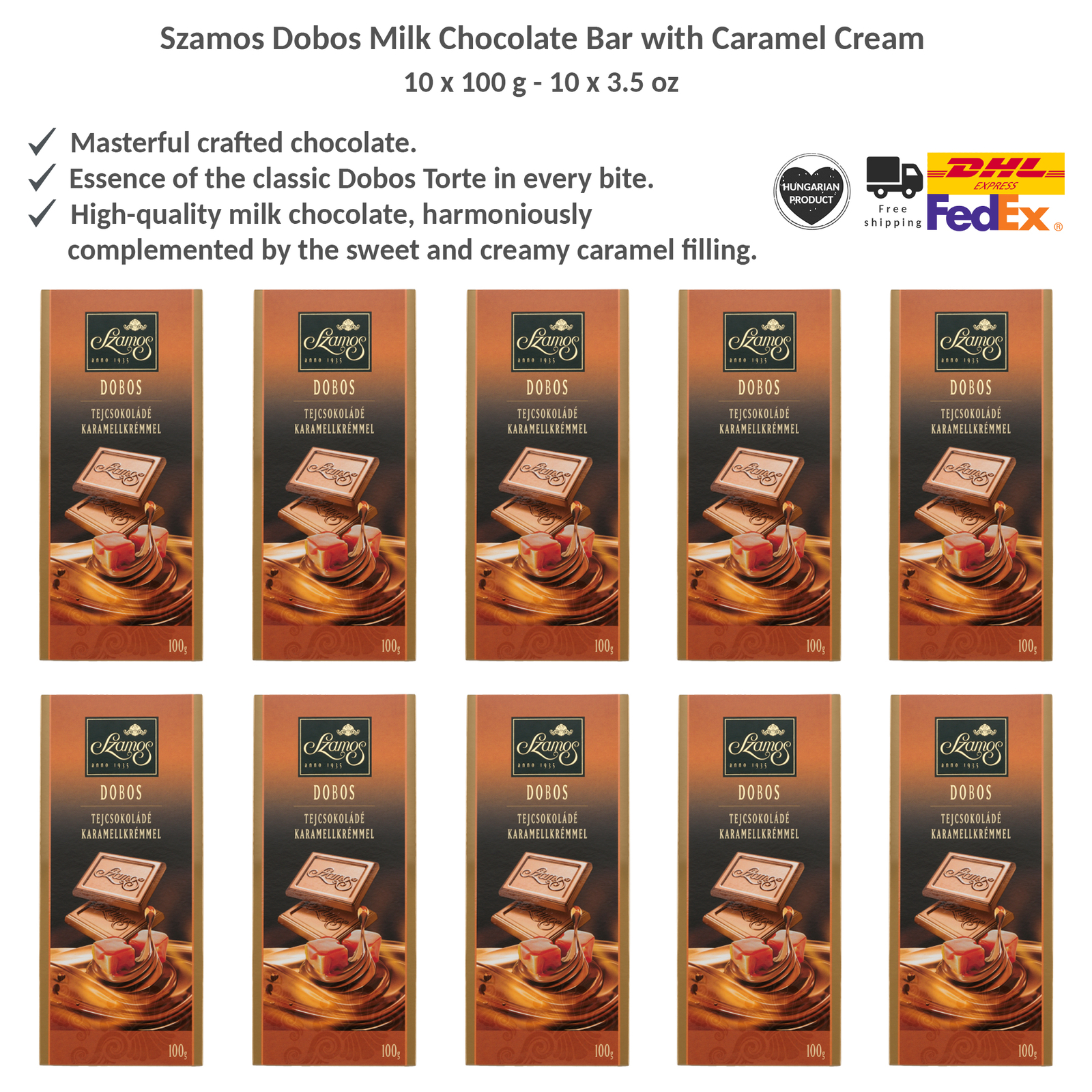 Szamos Dobos Milk Chocolate Bar with Caramel Cream High Cocoa Content – 100gx10