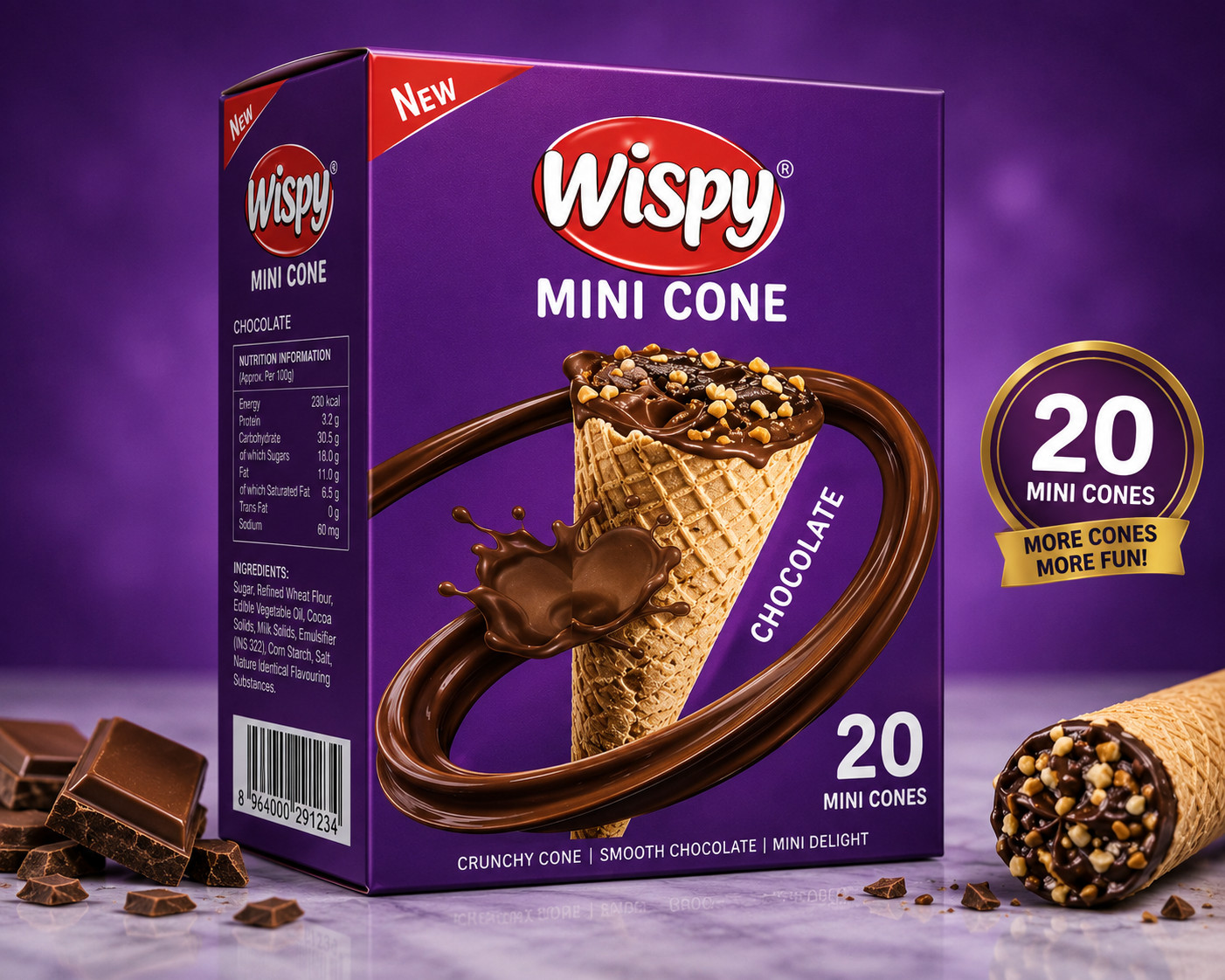 Pack of 6 Hilal Wispy Mini Cones Chocolate Crispy Wafer Snack 20 Pieces Box