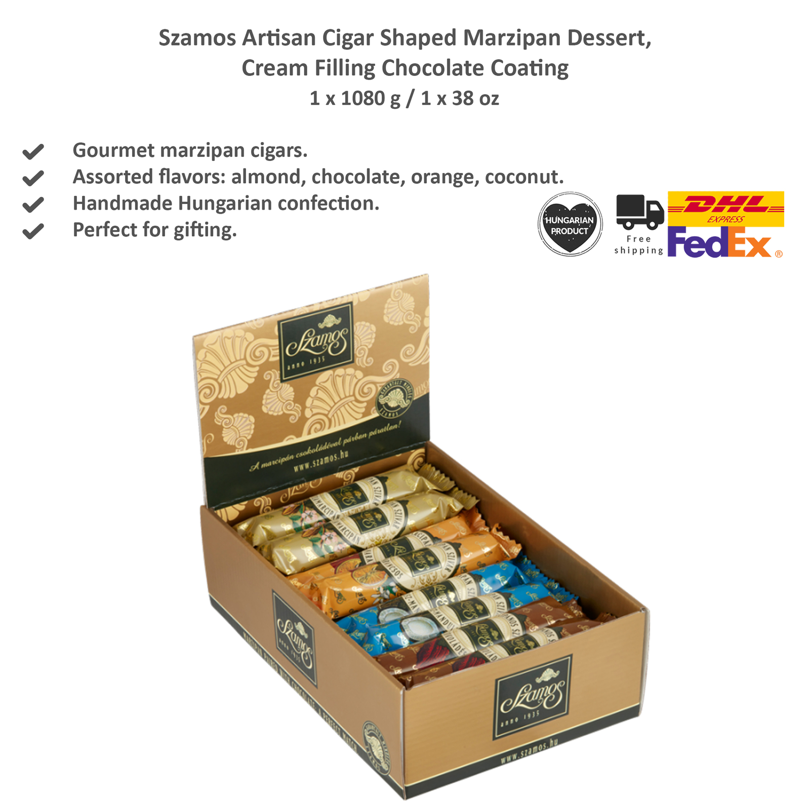 Szamos Marzipan Cigar Shaped Treats, Almond, Chocolate, Orange, Coconut 45gx24