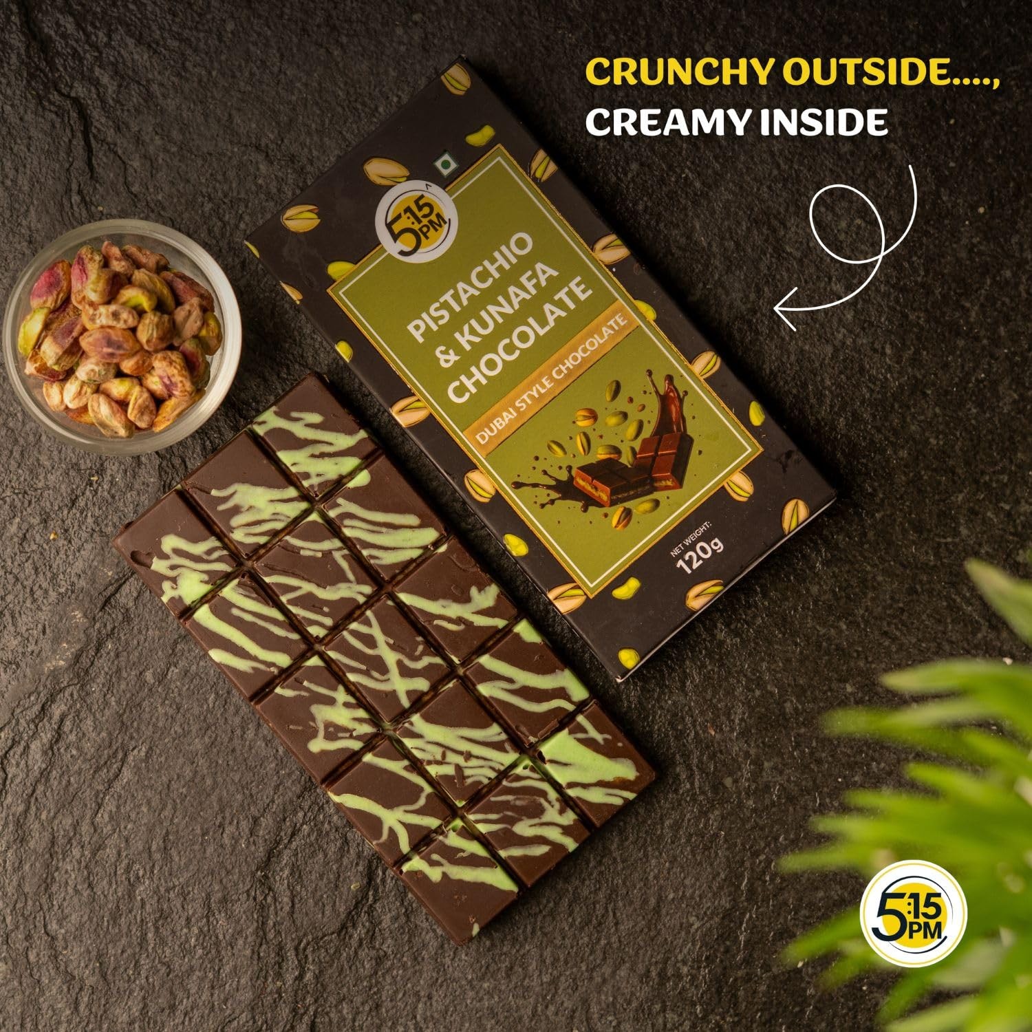 5:15PM Dubai Kunafa Chocolate Bar 120gm | Pistachio Milk Chocolate Dessert