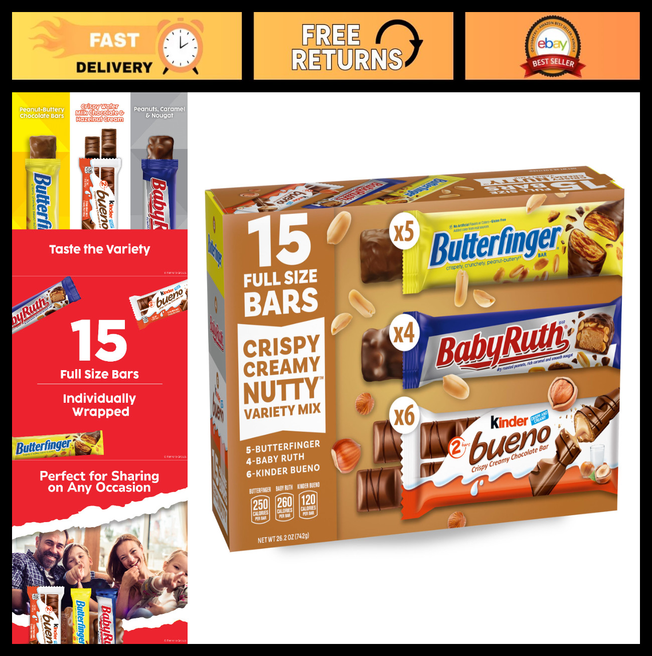 Assorted Full Size Candy Bars Variety Mix – Butterfinger, Baby Ruth, Kinder Buen