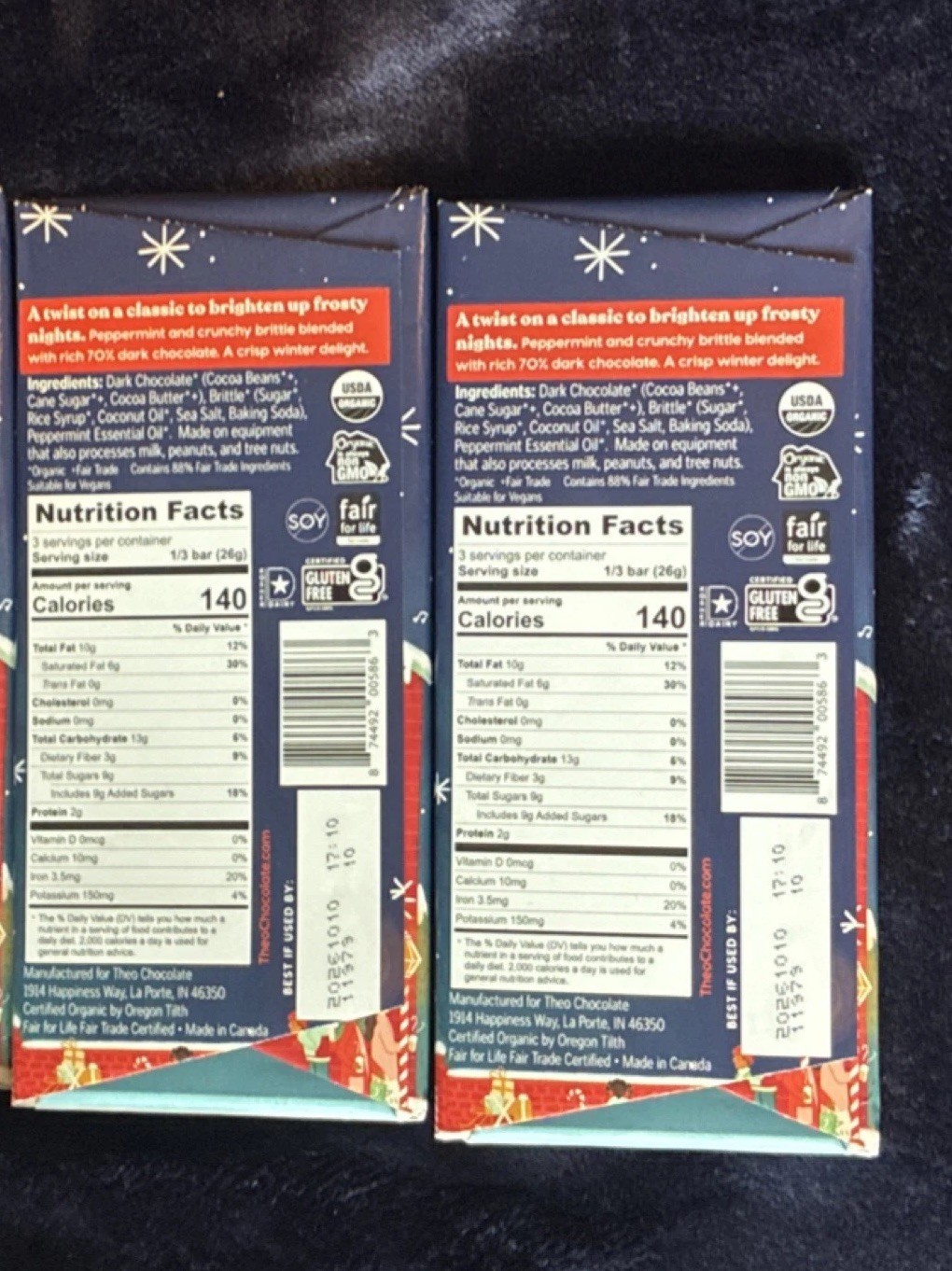 Theo Organic Peppermint Crunch 70% Dark Chocolate Bars Fair Trade 2 Pack