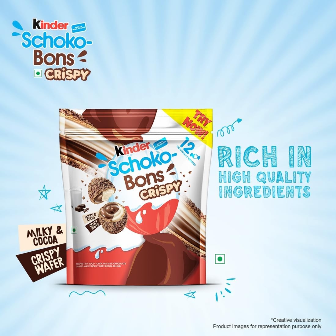 10X Pack of Kinder Joy Schokobons Crispy 12Pcs, Milk And Cocoa Flavor,67.2Gm