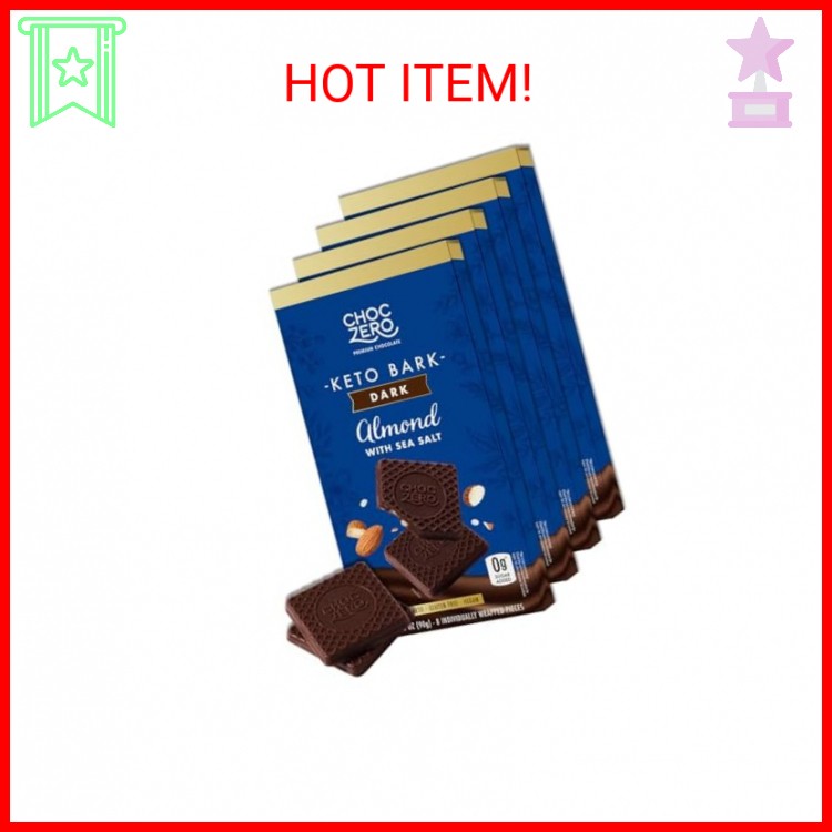 ChocZero Keto Bark, Dark Chocolate Almonds with Sea Salt, Sugar Free, Low Carb,