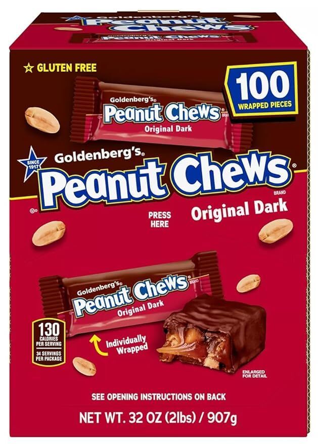 Goldenberg’s Peanut Chews Original Dark Chocolate Gravity Feeder (100 ct.)-2Lbs