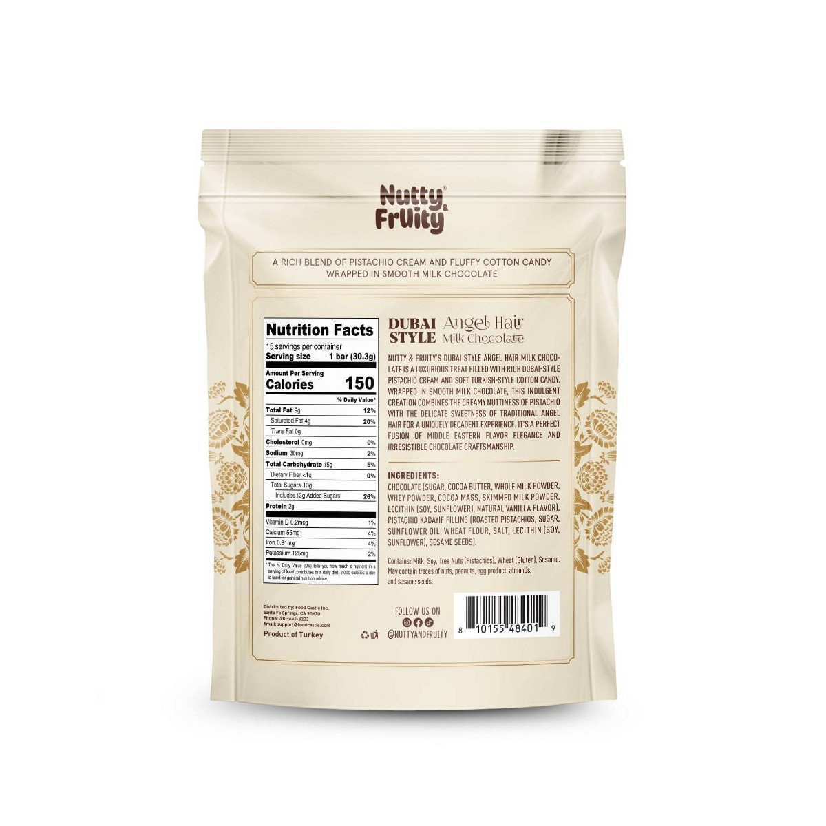 Nutty and Fruity Dubai Angel Hair Milk Chocolate Bar – 16oz/15ct