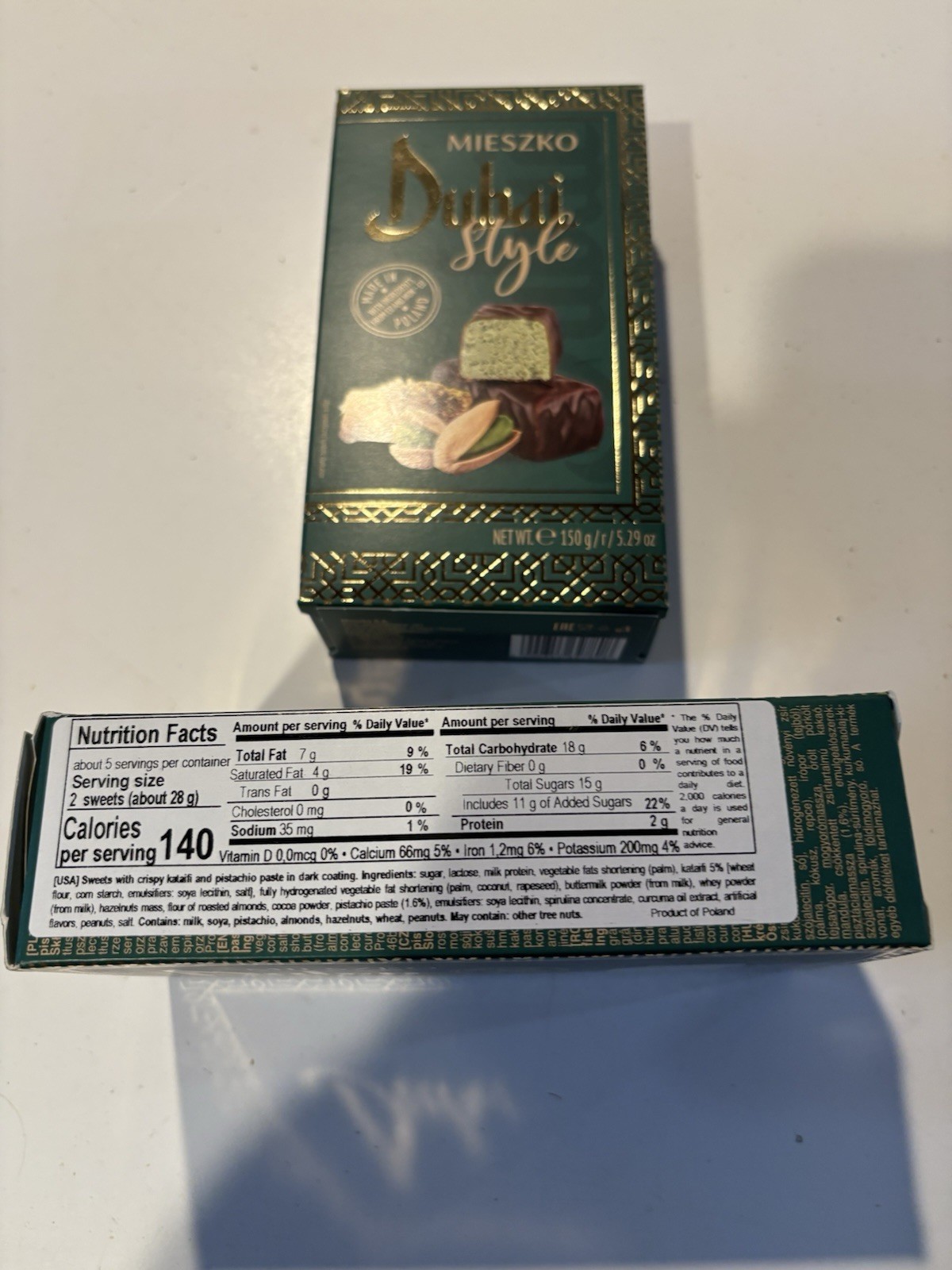 (2 Pack) Dubai Style Chocolate Bar MIESZKO (5.3 oz/150g), Pistachio & Kadayif