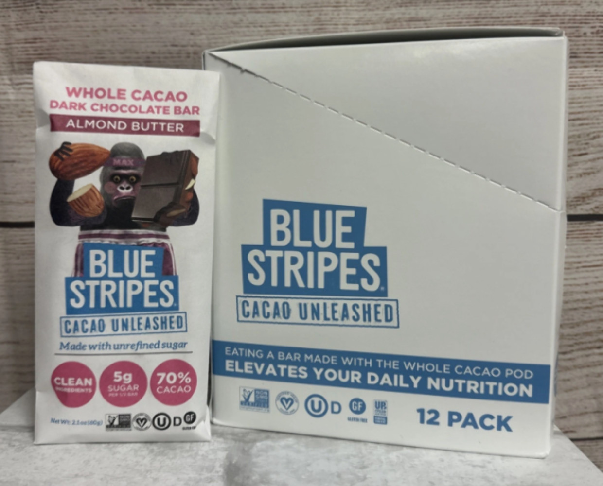 Blue Stripes Bar Whole Cacao Almond Butter 70% Cacao Lot Of 12 Bars EXP 12/02/26
