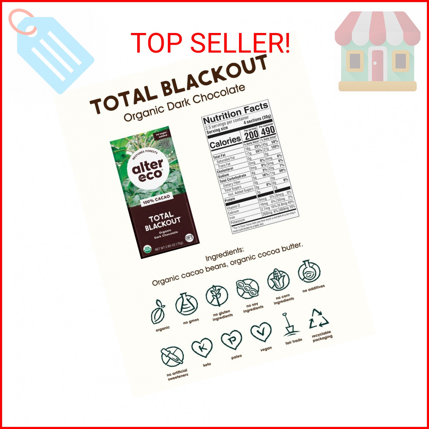 Alter Eco | Dark Chocolate Bars | Pure Dark Cocoa, Fair Trade, Organic, Non-GMO,