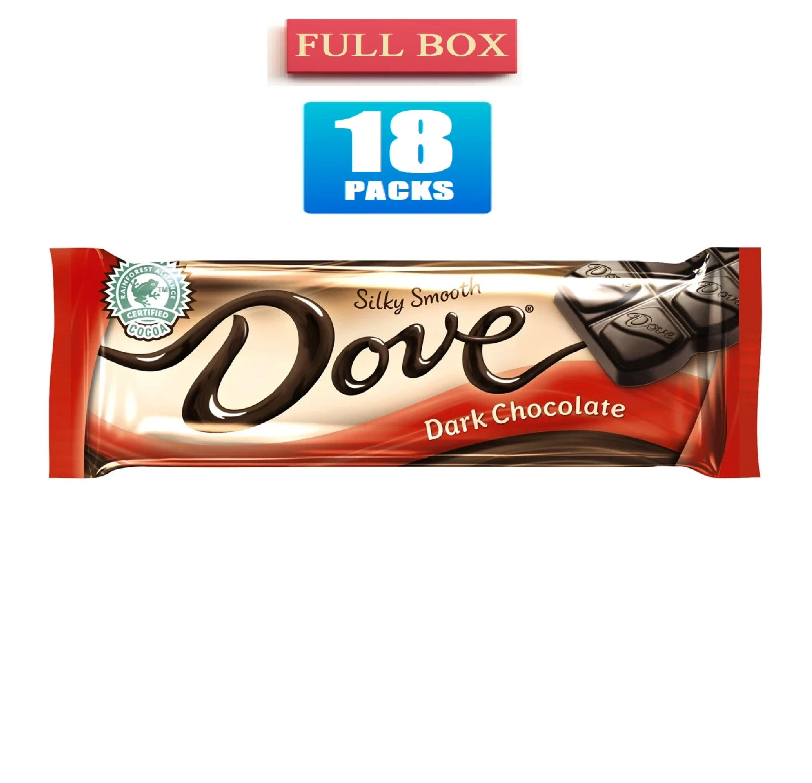 DOVE Dark Chocolate Candy Bars 1.44 oz Full Box 18 Packs Silky Smooth