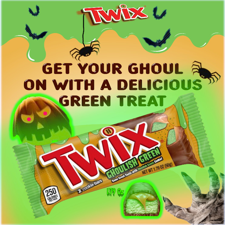 Twix👻Ghoulish Green Fun Full Size Howling Halloween Chocolate Cookie Bar 1.79oz