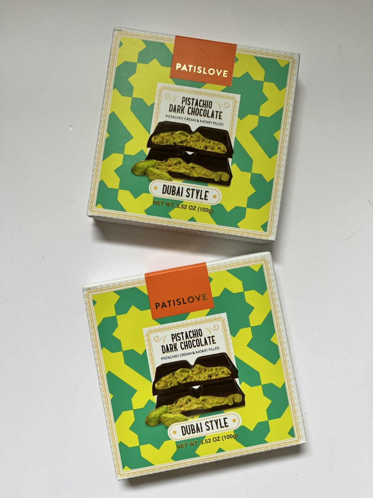 2 Packs Trader Joe’s Patislove Pistachio Dark Chocolate Dubai Style 3.52 Oz Each