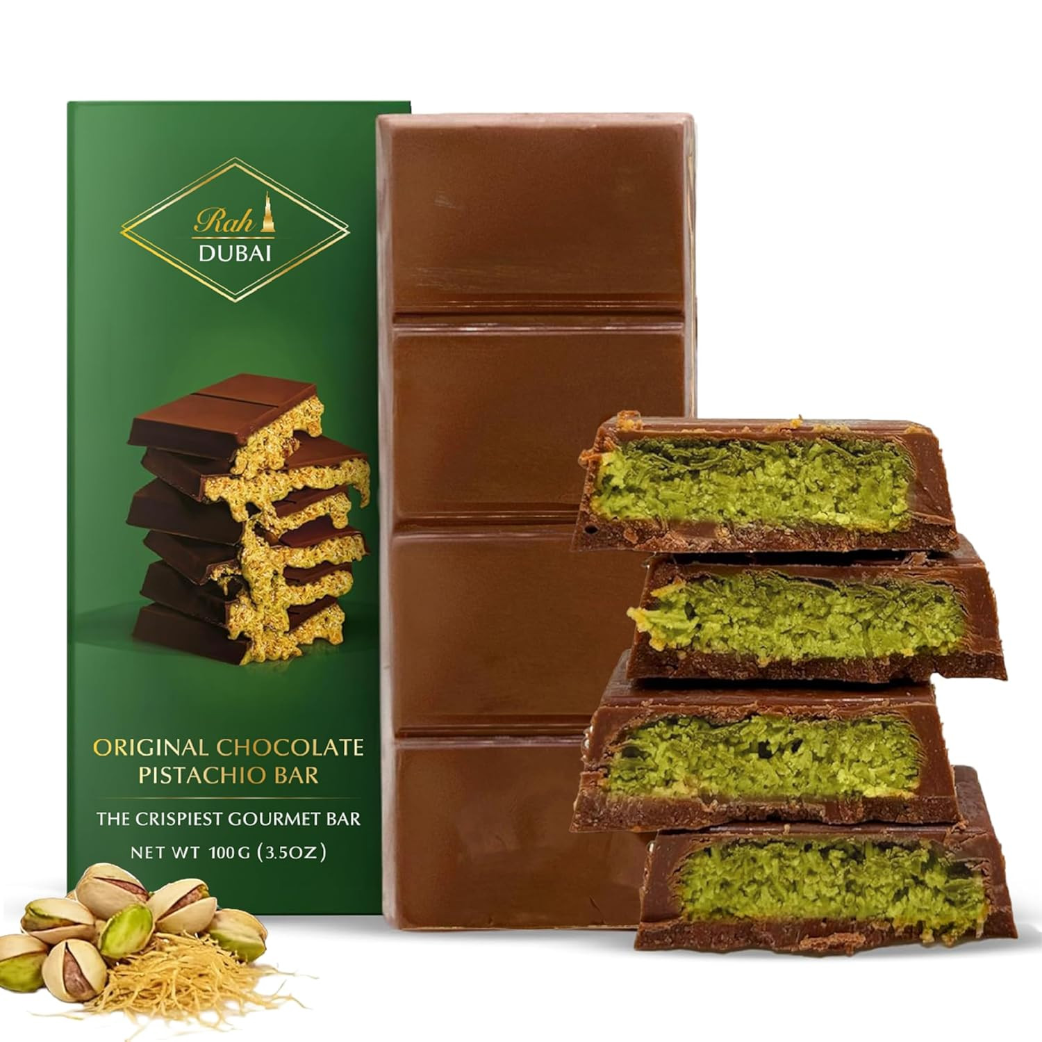 Dubai Chocolate Bar Pistachio, 3.5Oz – 100G, Premium Pistachio Chocolate Dubai B