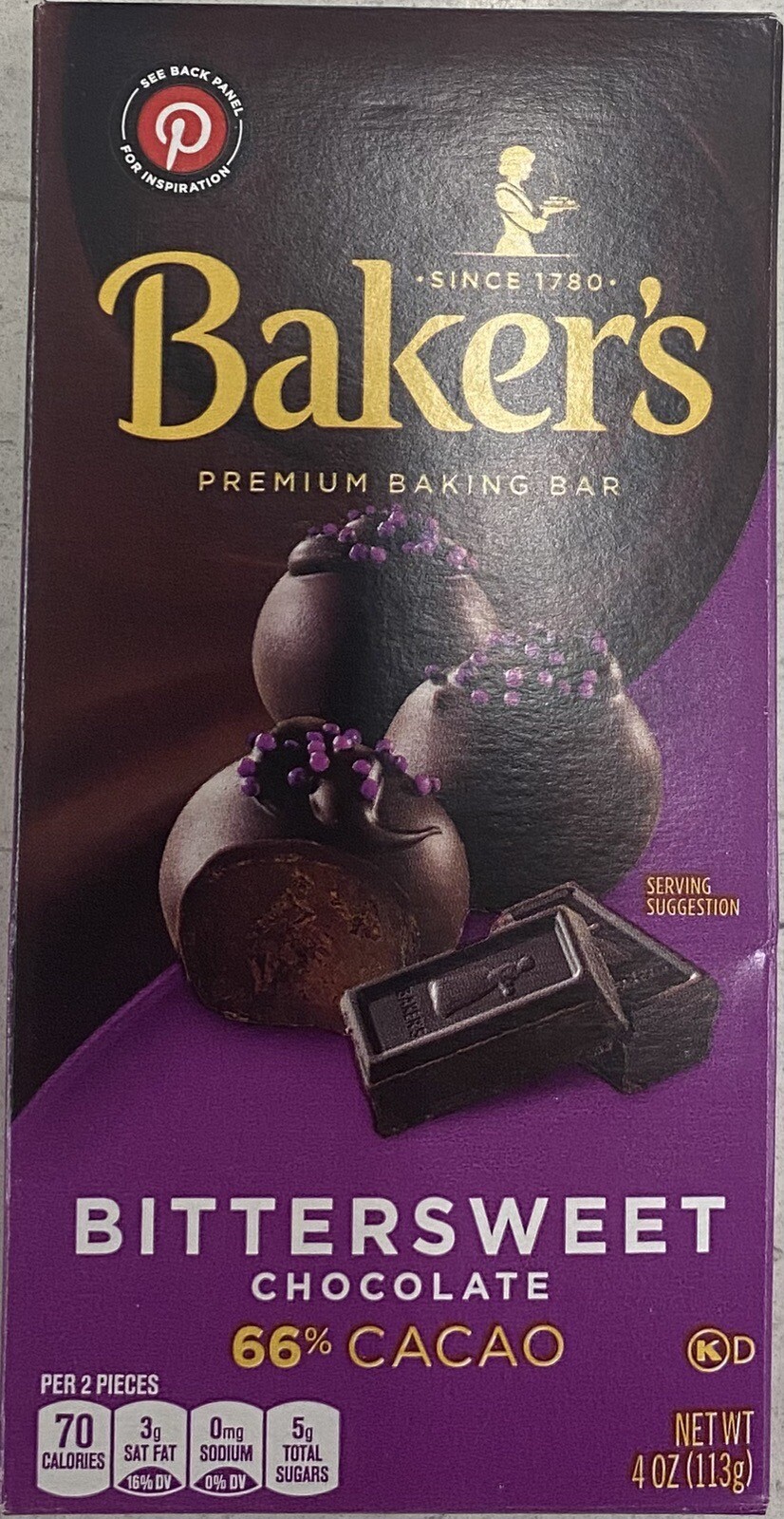 BAKER’S BITTERSWEET CHOCOLATE 66% CACAO Premium Baking Bar 4 oz – 1 Bar