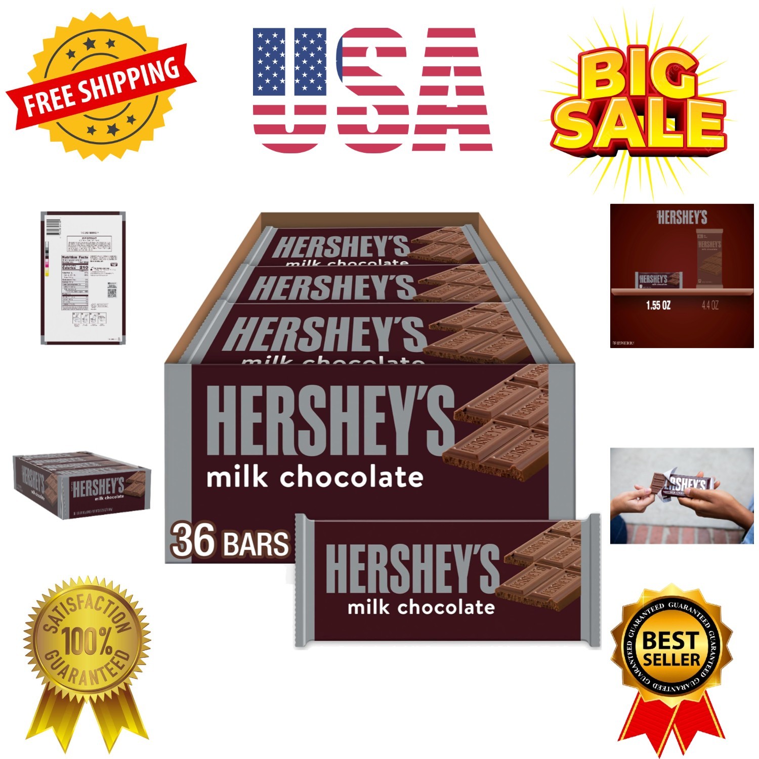Milk Chocolate Candy Bars, 1.55 oz 36 Count