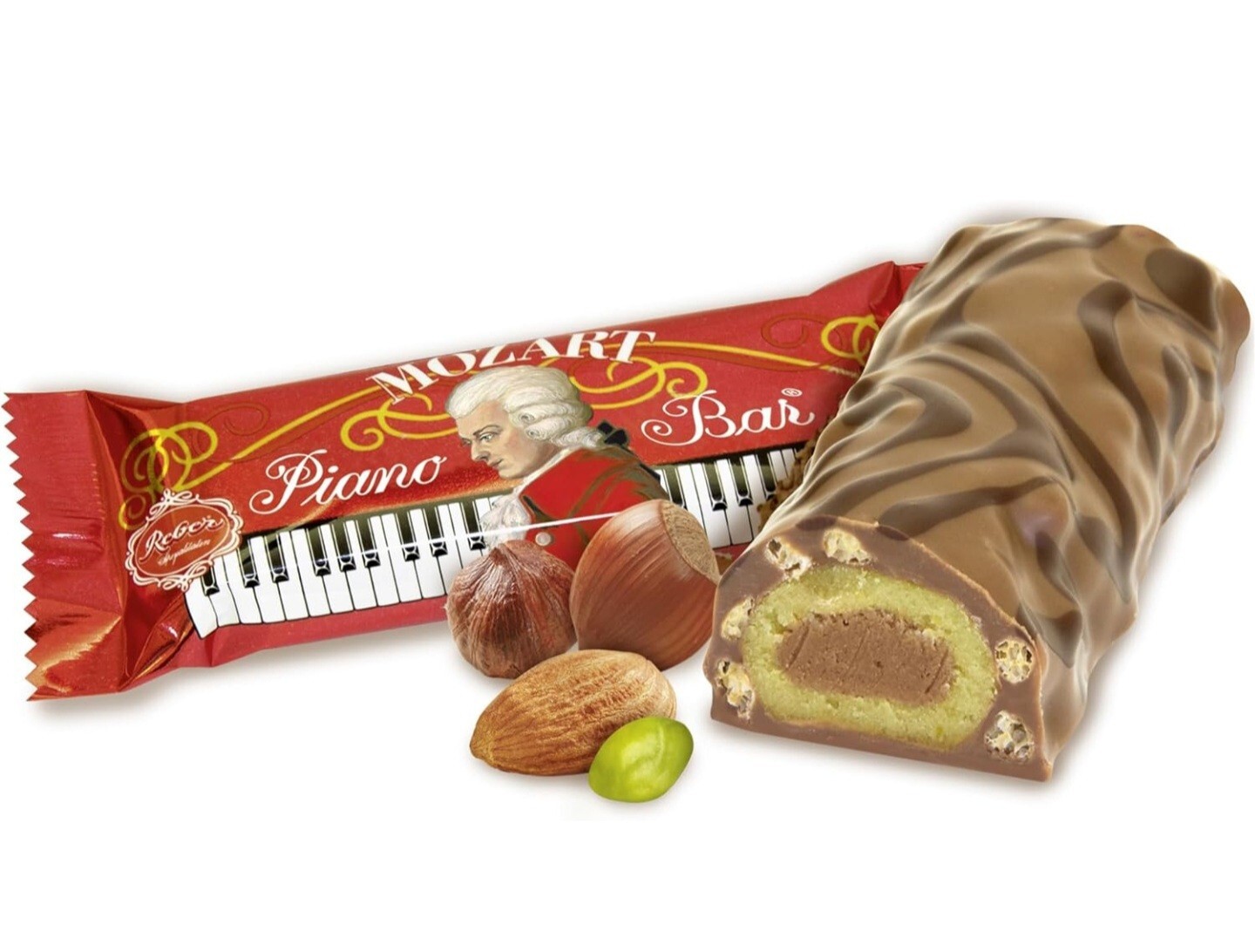 THE REBER MOZART Milk CHOCOLATE NOUGAT PIANO BAR PISTACHIO, 45 g Marzipan 1.6oz