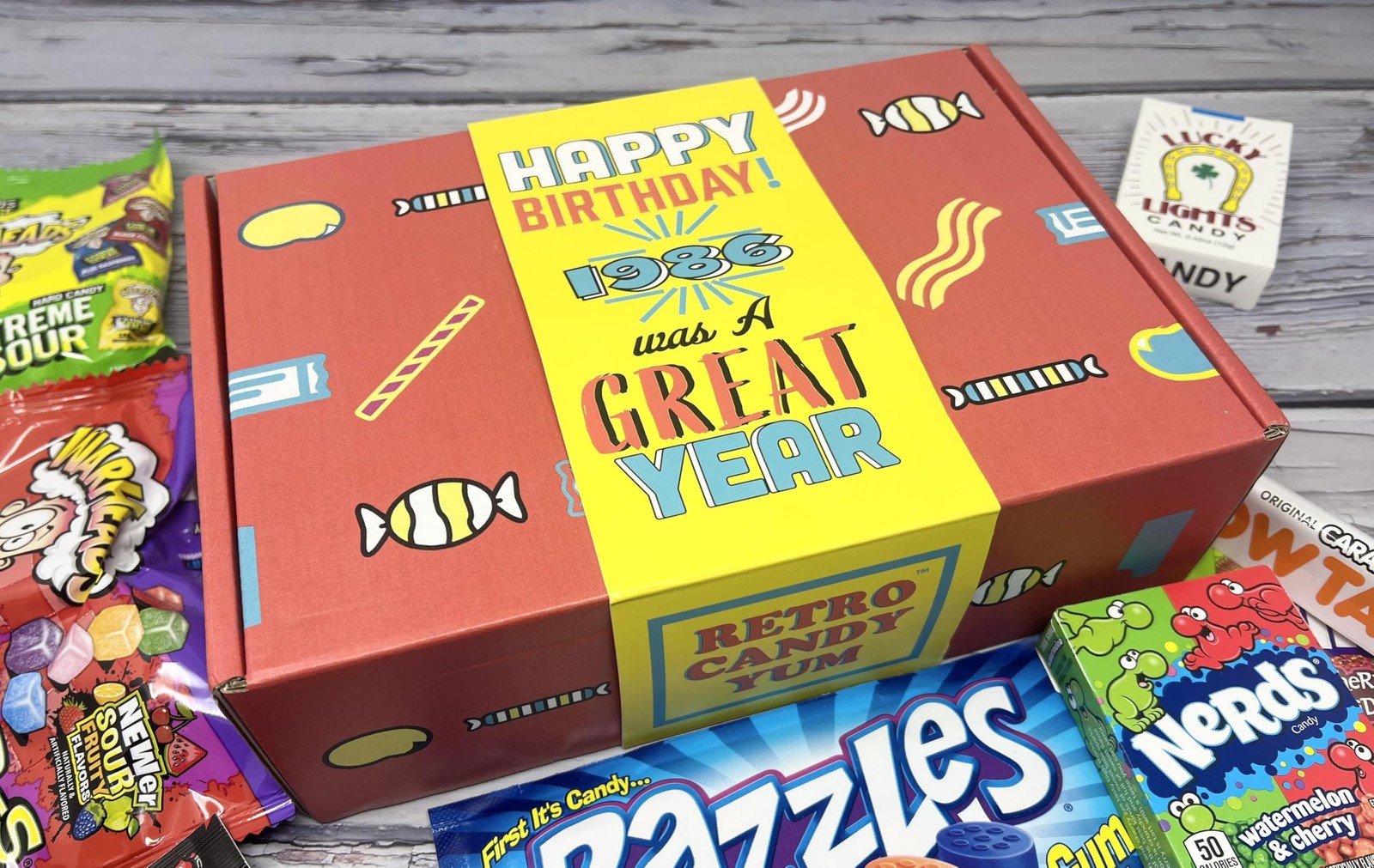 1986 Retro Childhood Candy Gift Basket Box Assortment for 40th Birthday Man o…