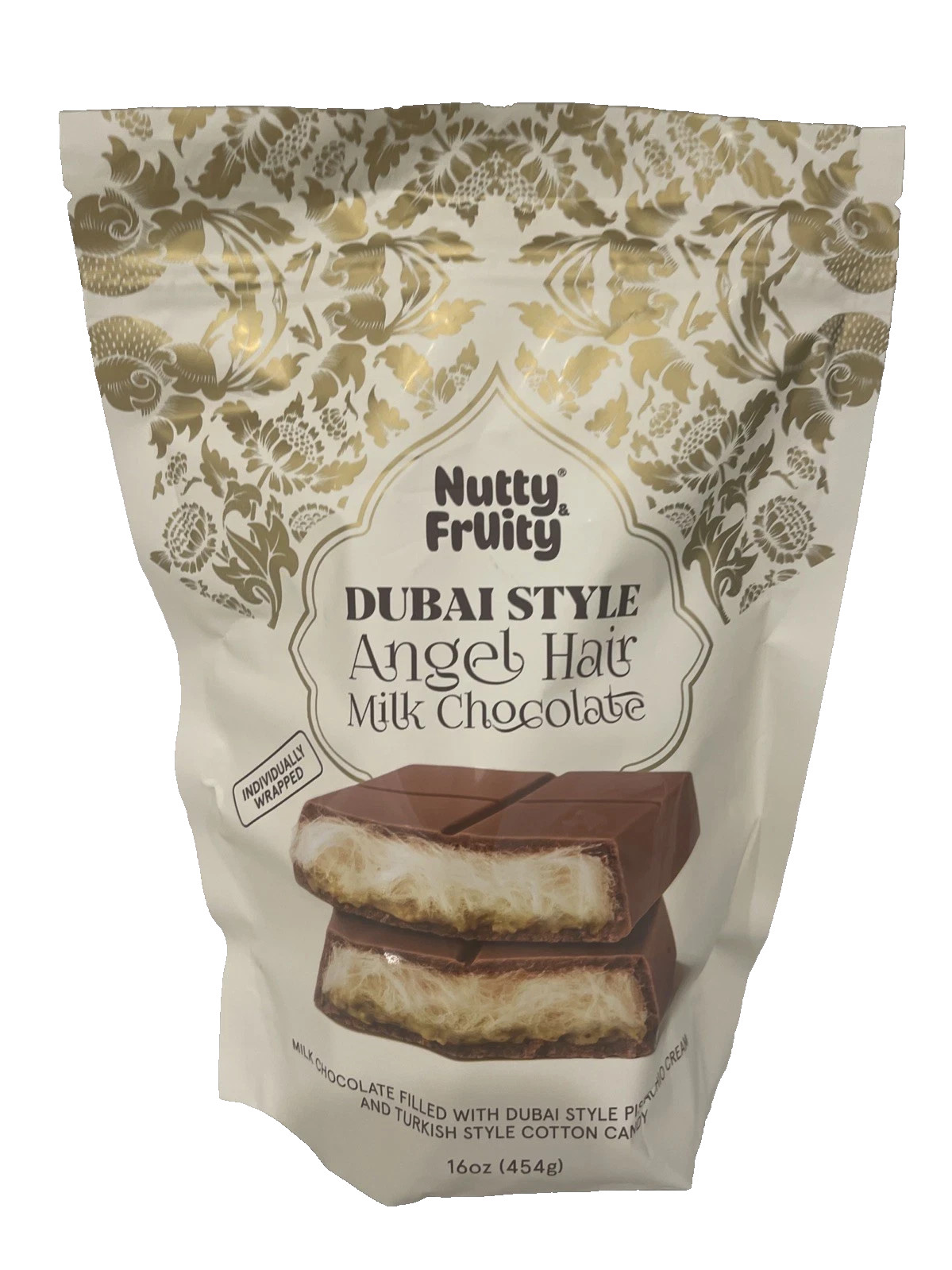 Nutty Fruity Milk Chocolate Dubai Style Ángel Hair Pistacho Net Wt 16 Oz