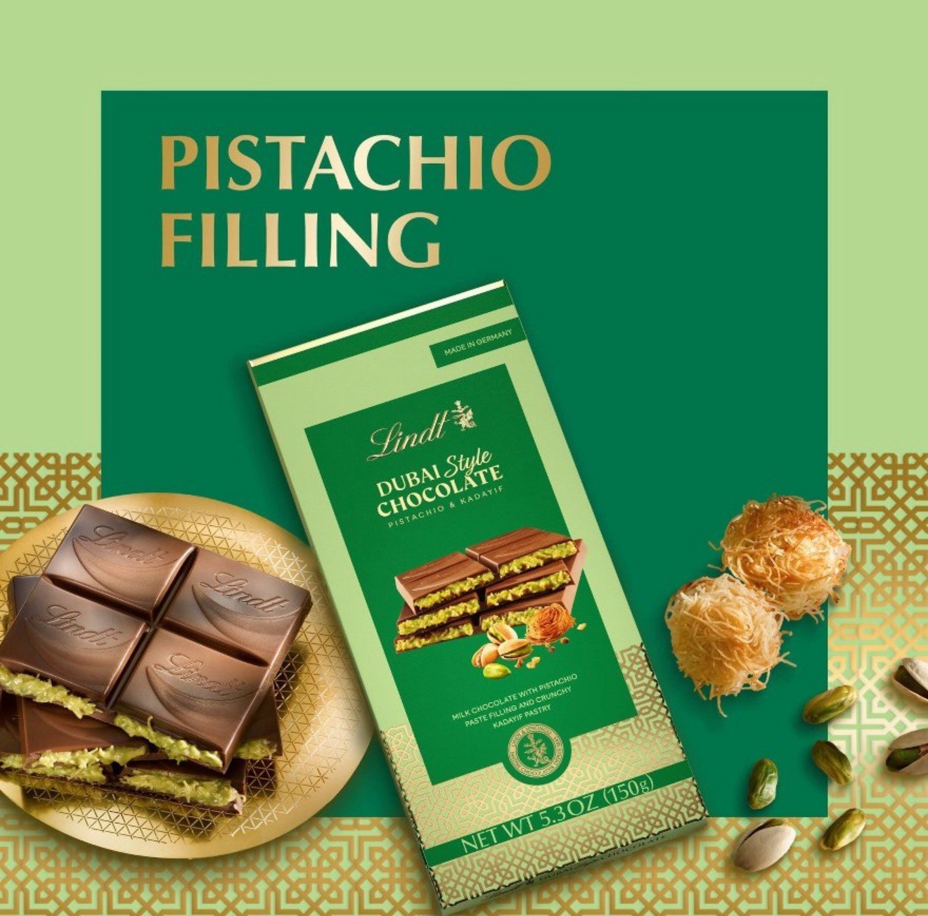 Lindt Dubai Style Chocolate Bar 5.3 oz (150 g) Pistachio & Kadayif bby 5/31/2026