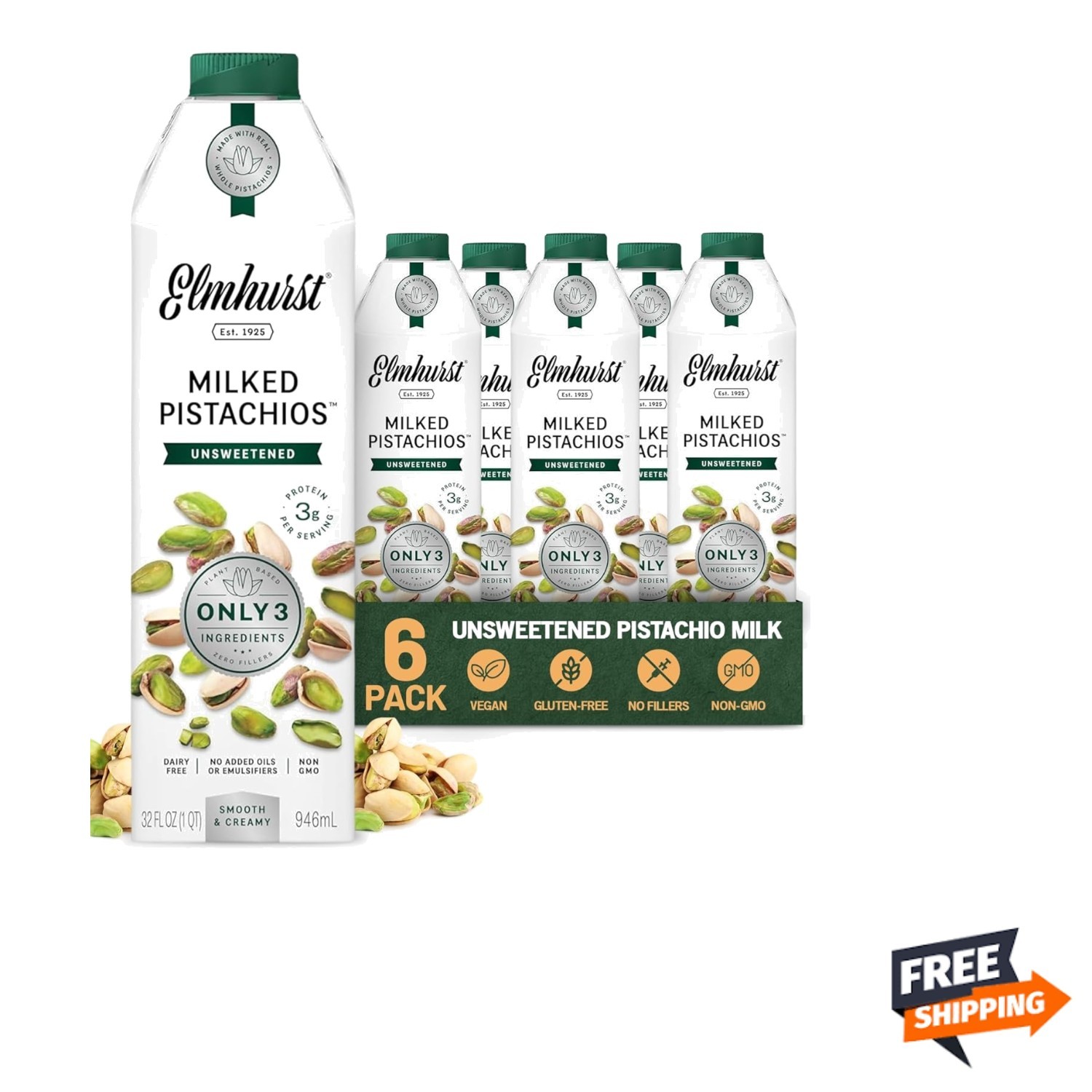 Plant-Based Pistachio Milk Unsweetened 6-Pack Non-GMO Dairy-Free