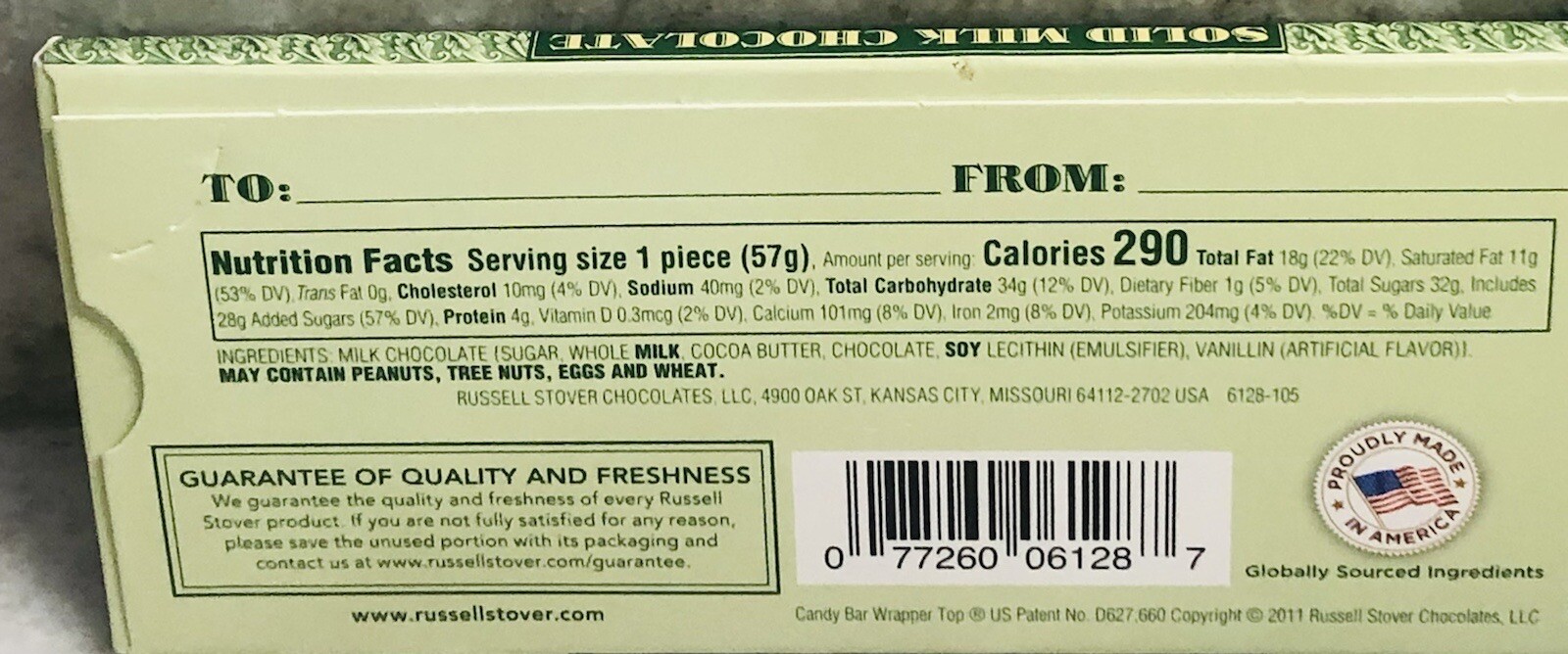 Russell Stove Note Solid Milk Chocolate Bar. 2.oz/57 gm. “In Santa We Trust”.